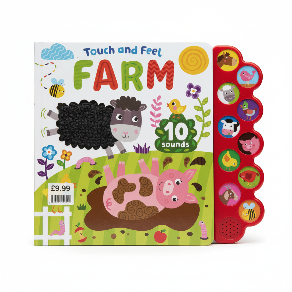 A Touch and Feel FARM Large Book with 10 Sounds - EPOS Stickered at £9.99 (jacket £15)